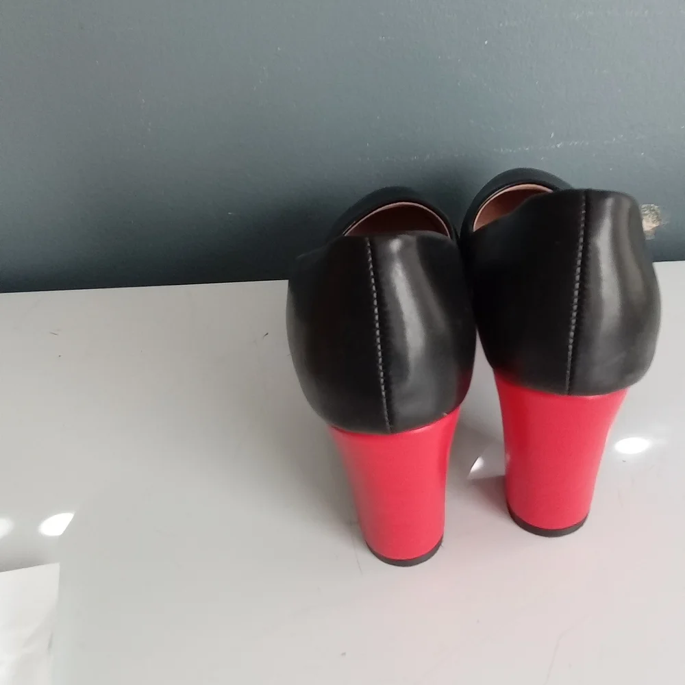 Black and Red Platform‎ Block Heel Pumps Round Toe Two Tone Dress Shoes